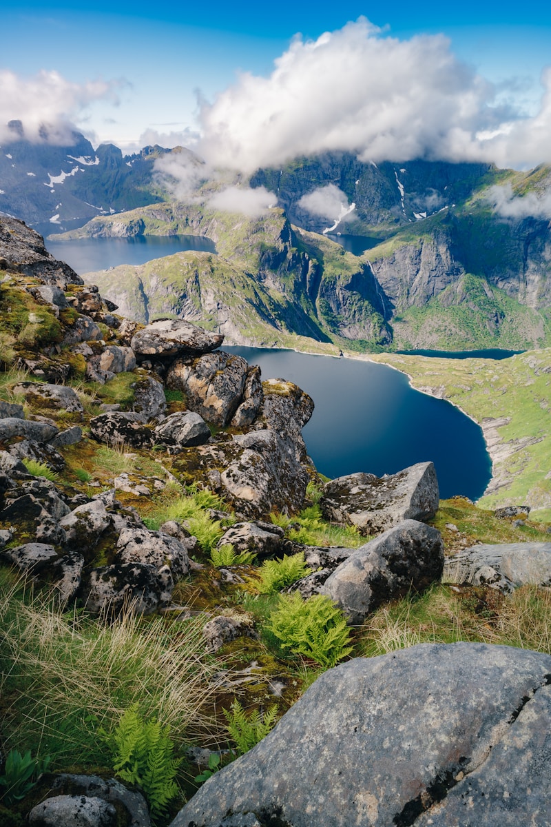 A view of a mountain range with a lake in the foreground